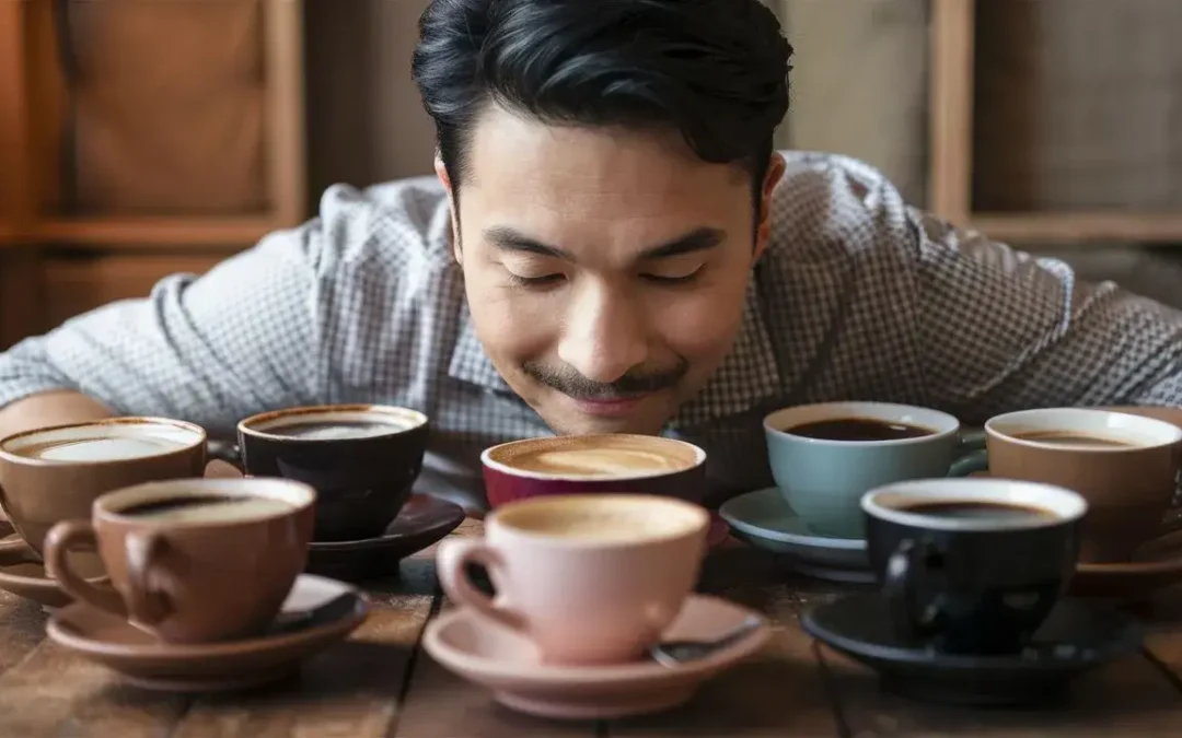 Cupping de café : Un homme qui sent l'odeur des cafés et prêt à déguster